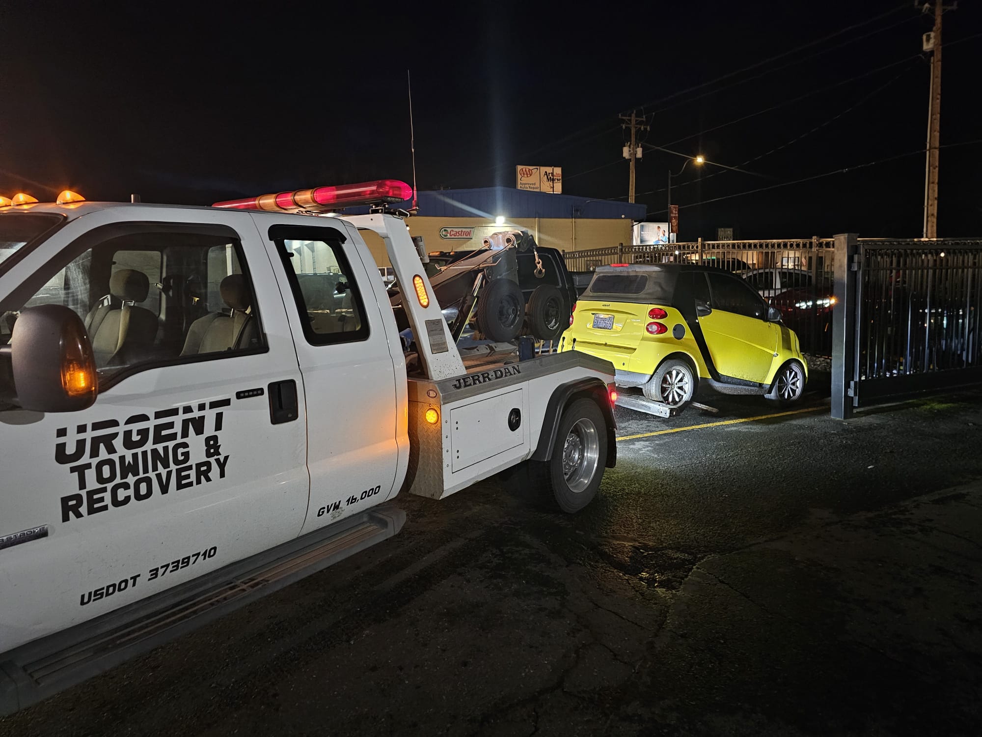 Urgent Towing truck responding to emergency call at night